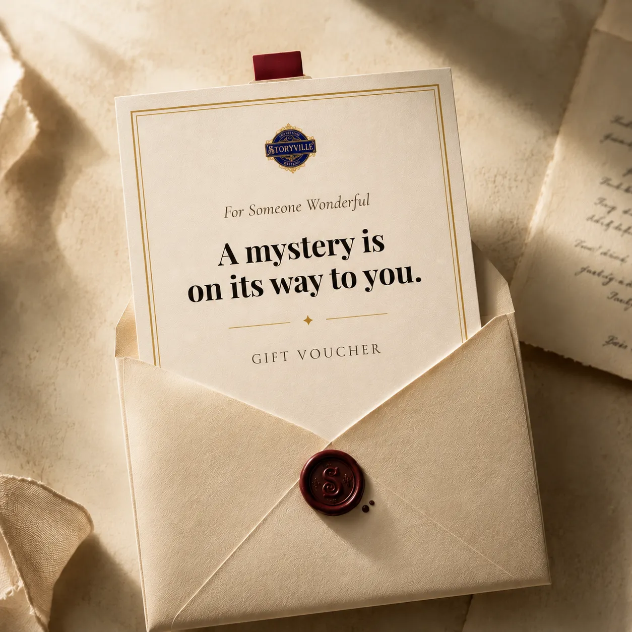 A Storyville gift voucher card reading 'A mystery is on its way to you' tucked into a wax-sealed cream envelope