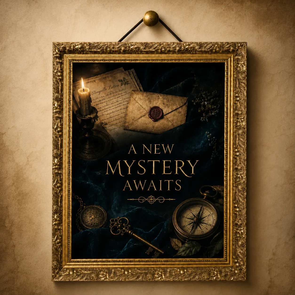 Ornate gilt frame reading 'A New Mystery Awaits' above a lit candle, a wax-sealed letter, a compass, and an antique key