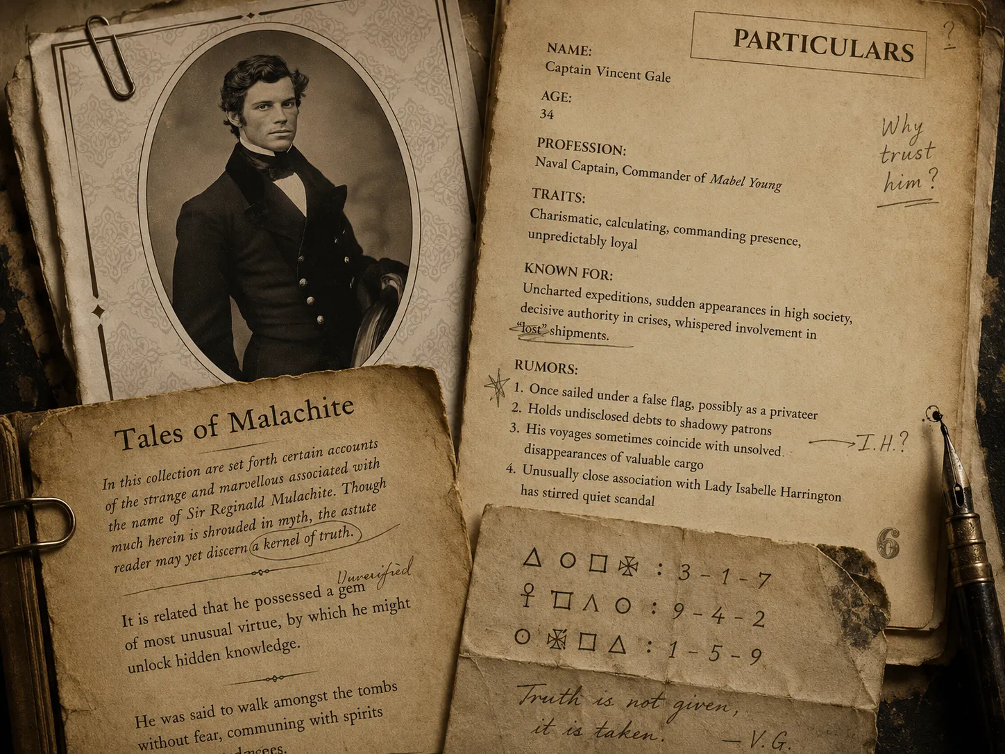 Aged investigation documents — a character dossier and a symbol cipher