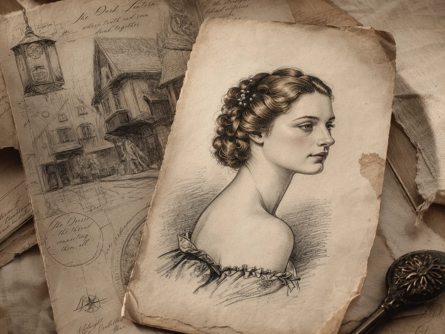 Vintage pencil sketches: a woman in profile and a tavern street scene
