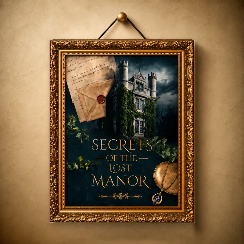 Framed gothic poster for Secrets of the Lost Manor: an ivy-covered stone manor beneath a stormy sky, with a wax-sealed letter, handwritten note, and sapphire pendant