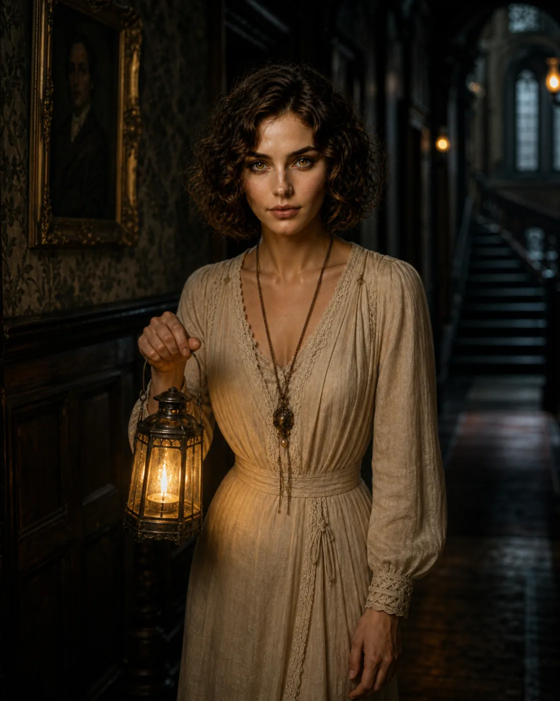 Elizabeth Harper holding a lantern in a dim manor hallway