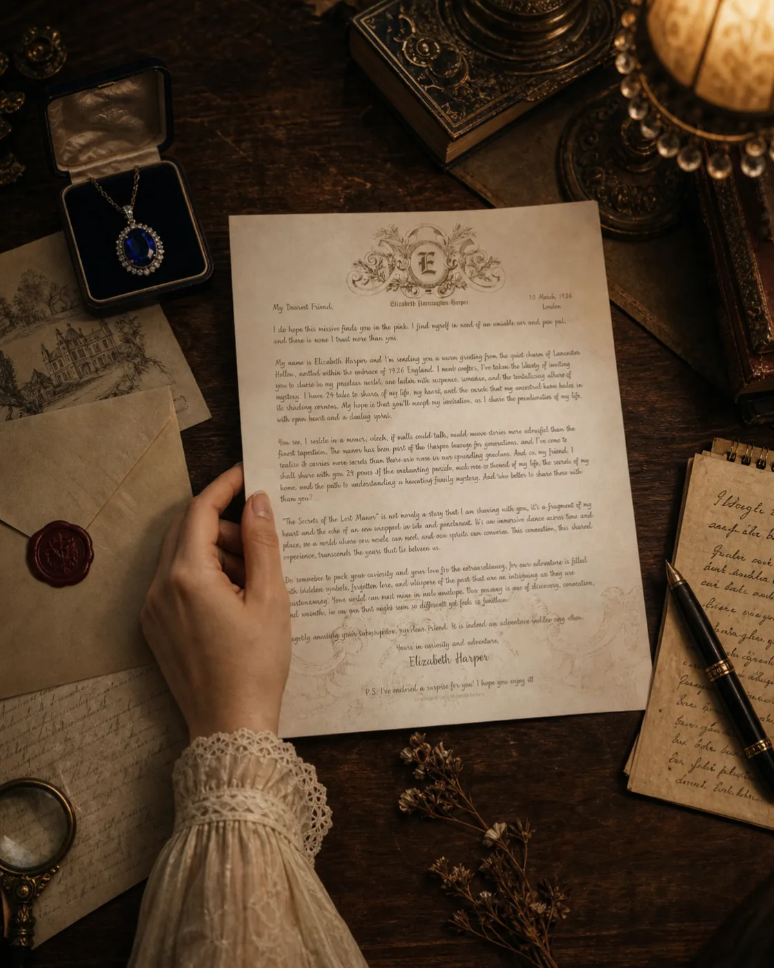 A handwritten letter from Elizabeth Harper, beside a sapphire pendant