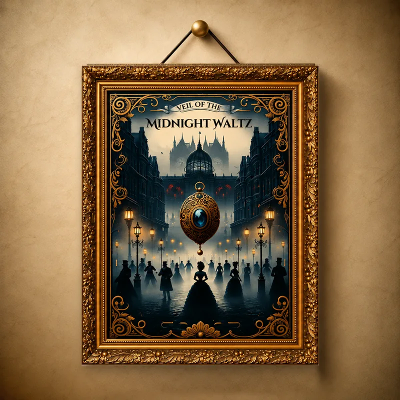 Framed Victorian poster for Veil of the Midnight Waltz: a gaslit London street lined with lamps, silhouetted masquerade dancers, and a jeweled pendant above a foggy skyline