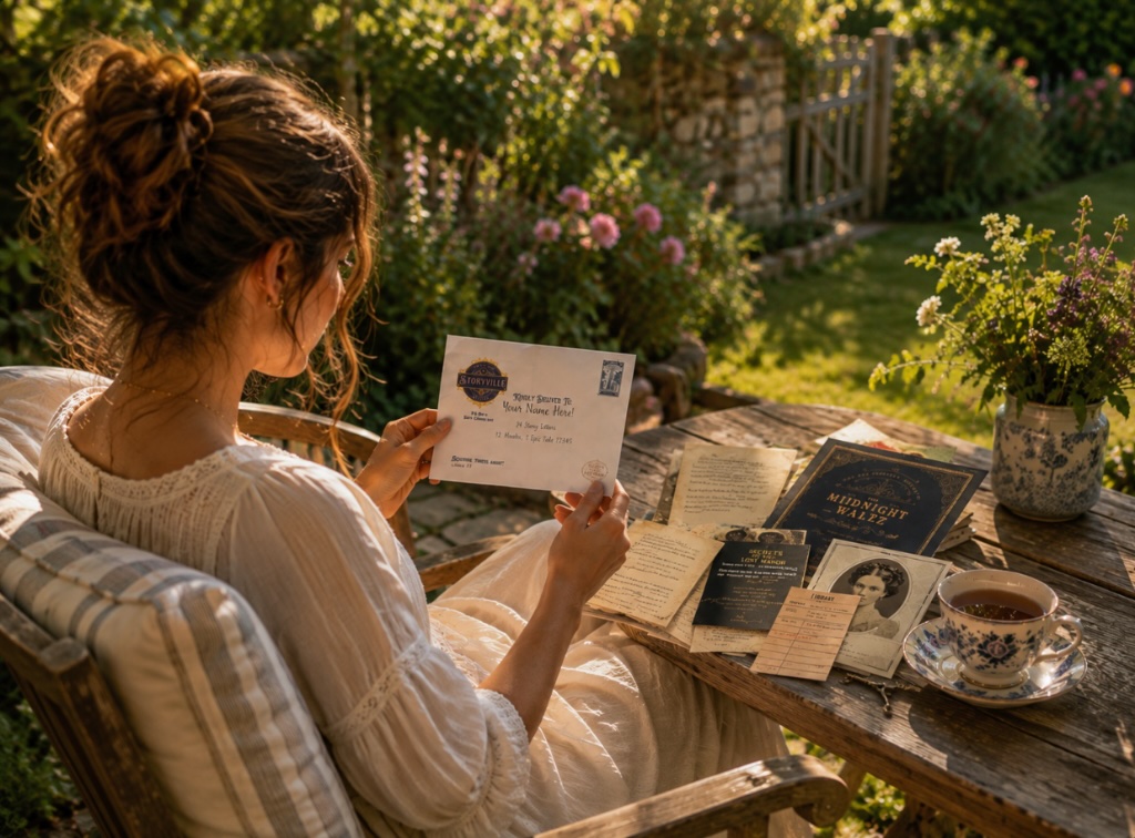 A woman reading a Storyville letter in a sunlit garden, surrounded by story ephemera and tea